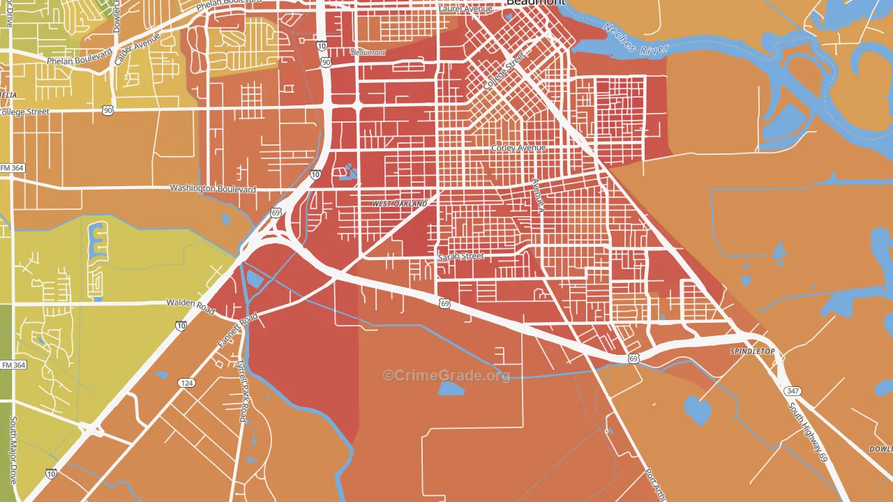 Pear Orchard, Beaumont, TX Map of Murder Rates
