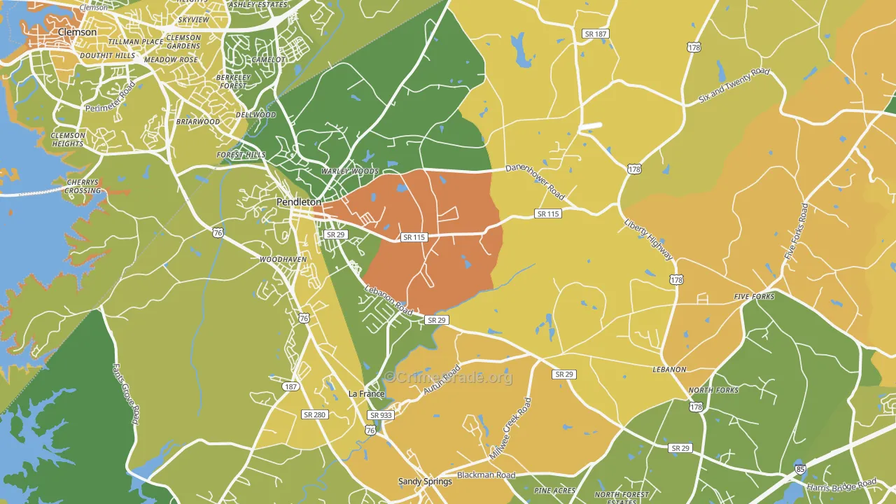 Pendleton, SC Map of Murder Rates