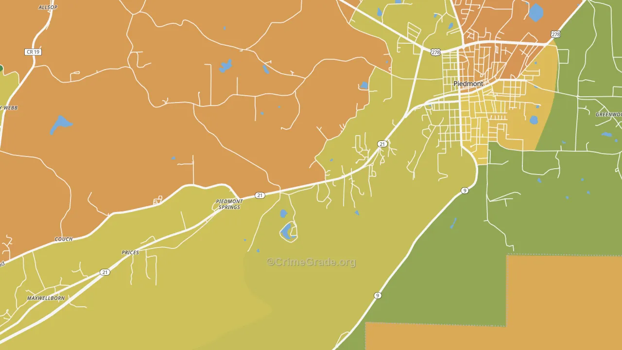 Piedmont Springs, AL Map of Murder Rates