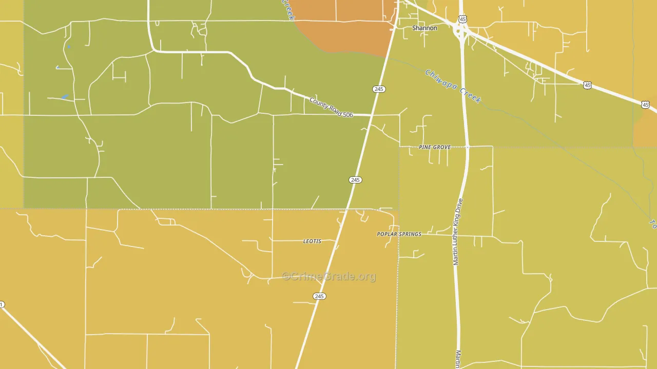 Pine Grove, MS Map of Murder Rates