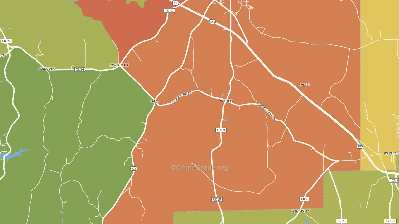 Pinnell, AL Map of Murder Rates