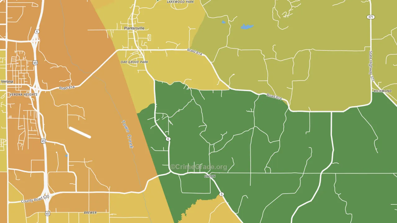 Plantersville, MS Map of Murder Rates