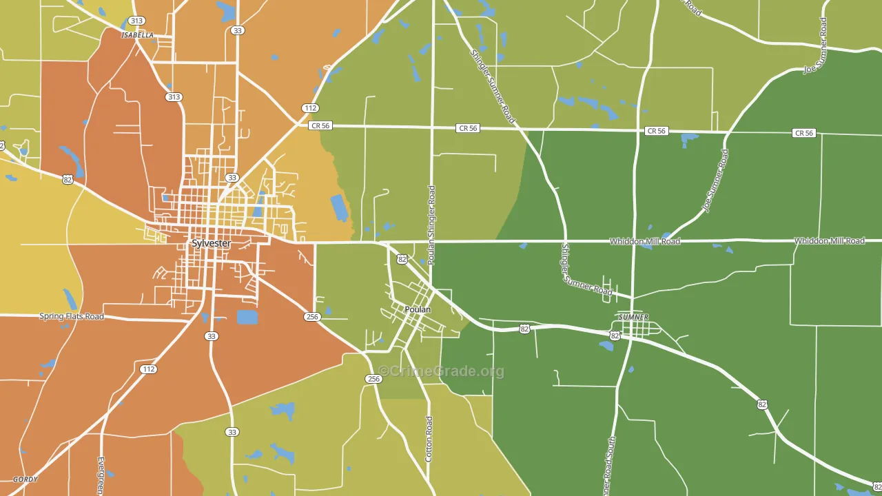 Poulan, GA Map of Murder Rates