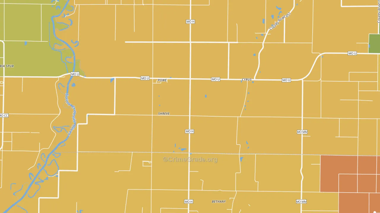 Powe, MO Map of Murder Rates