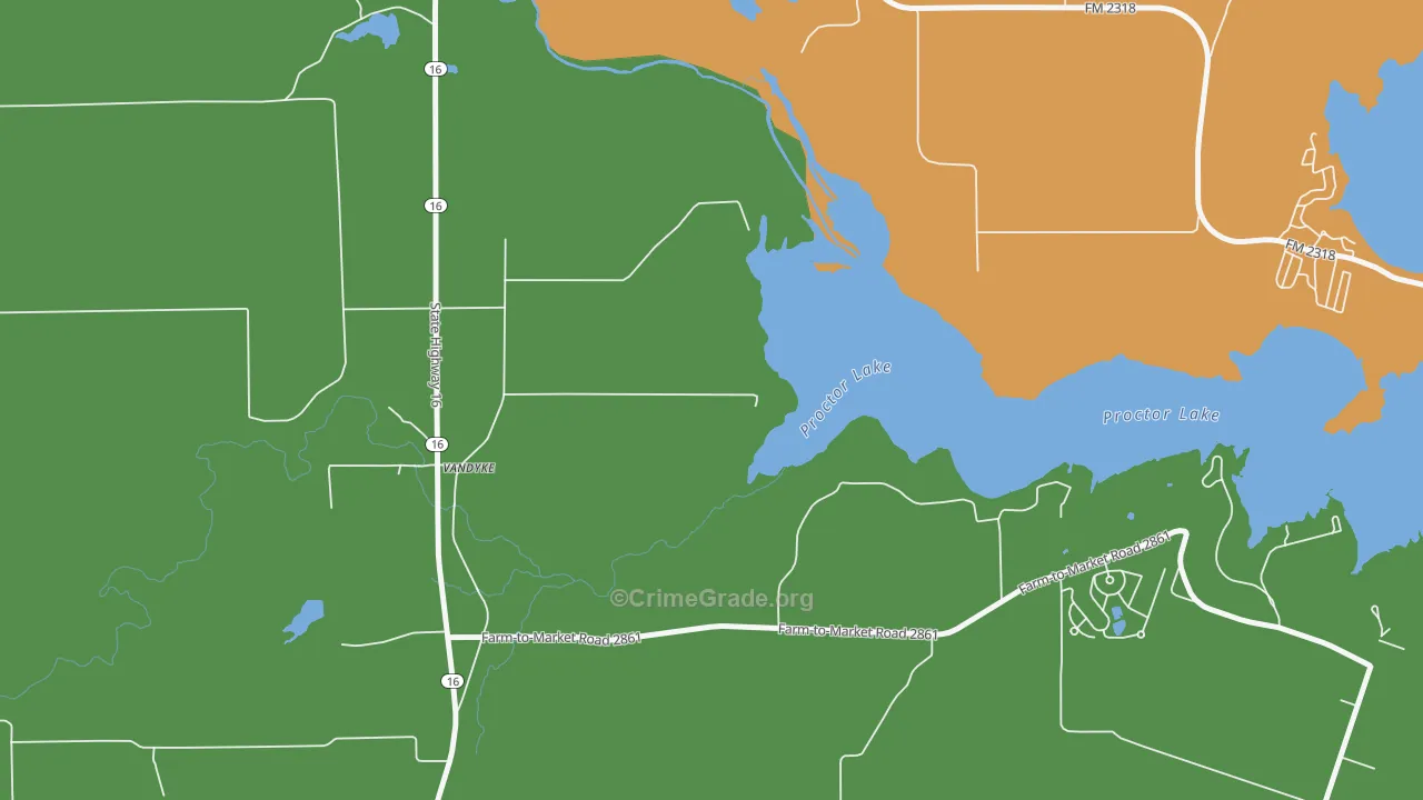 Proctor, TX Map of Murder Rates