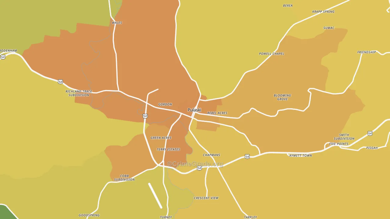 Pulaski, TN Map of Murder Rates