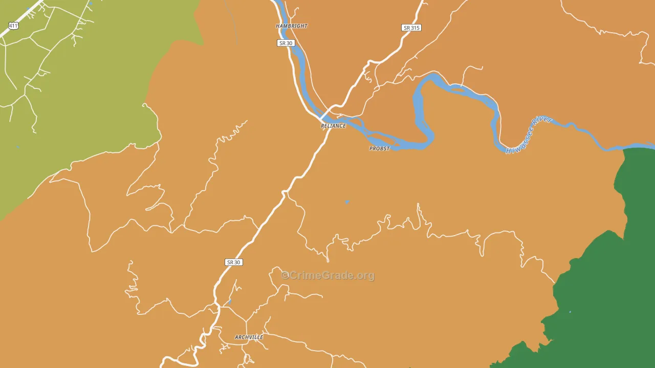 Reliance, TN Map of Murder Rates