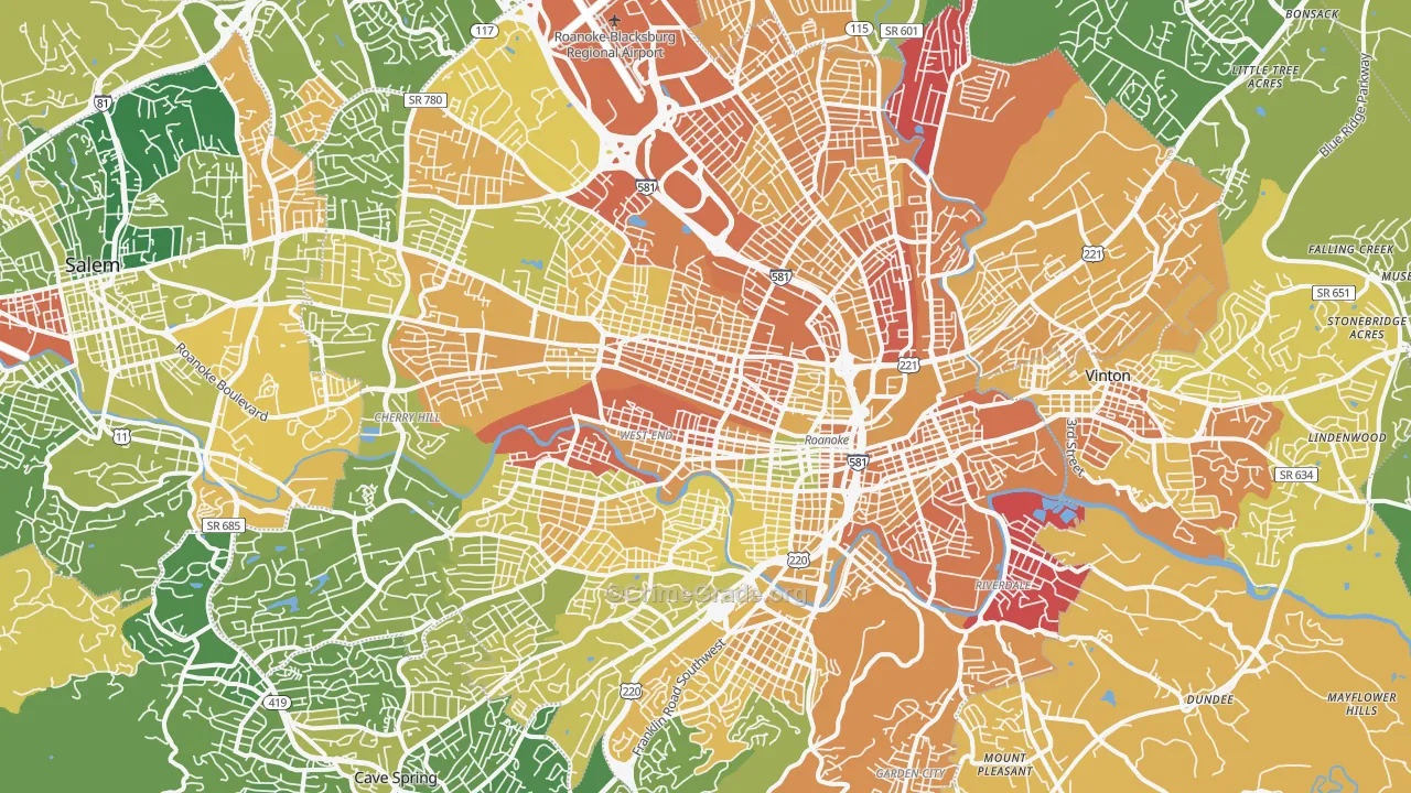 Roanoke City, VA Map of Murder Rates