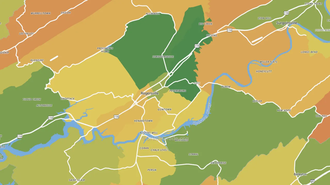 Rogersville, TN Map of Murder Rates