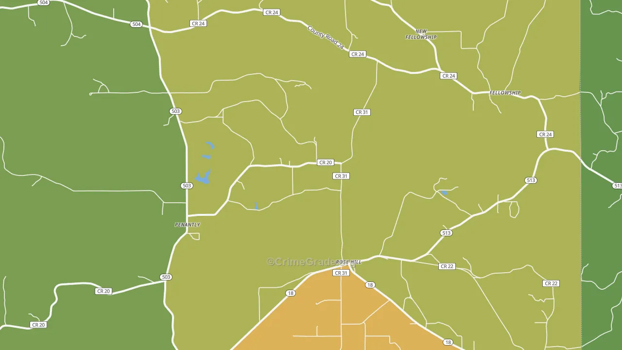Rose Hill, MS Map of Murder Rates