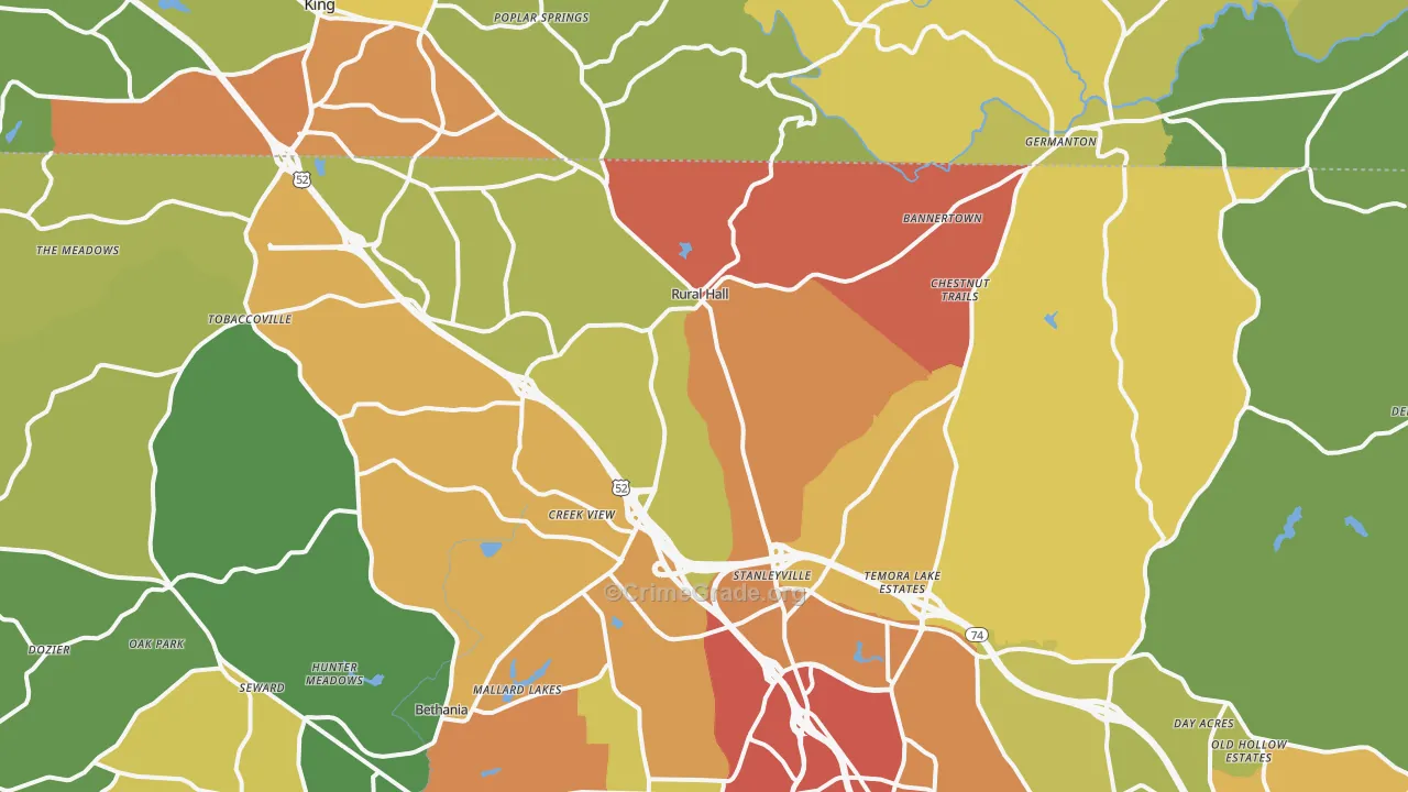 Rural Hall, NC Map of Murder Rates