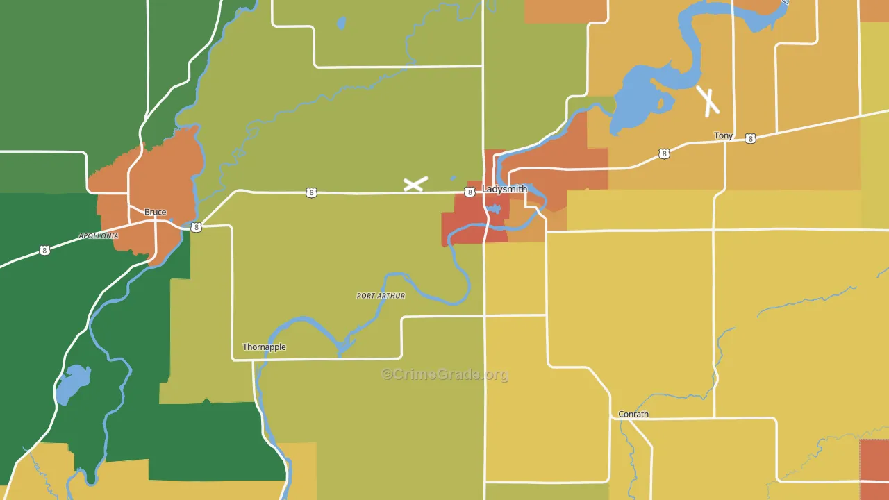 Rusk County, WI Map of Murder Rates