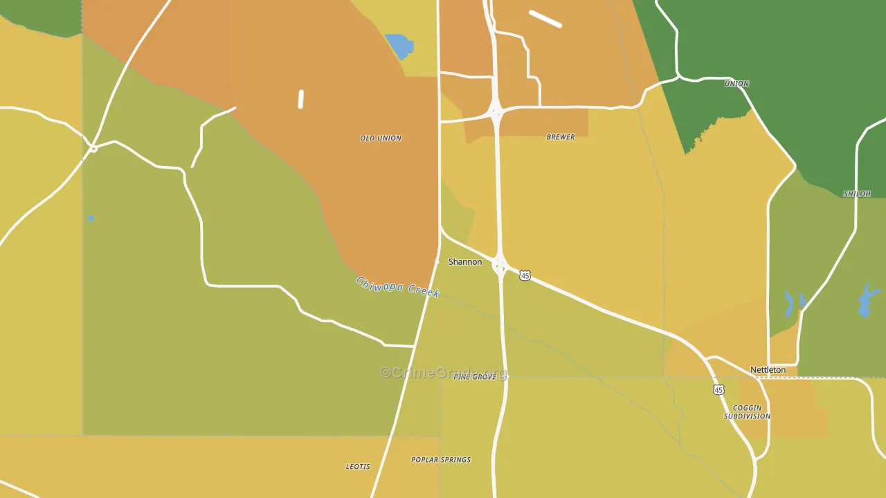 Shannon, MS Map of Murder Rates
