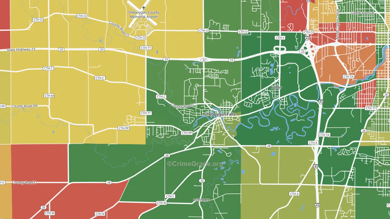 Sheboygan Falls, WI Map of Murder Rates