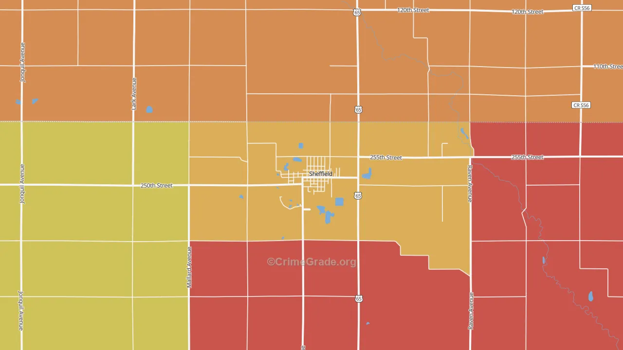Sheffield, IA Map of Murder Rates