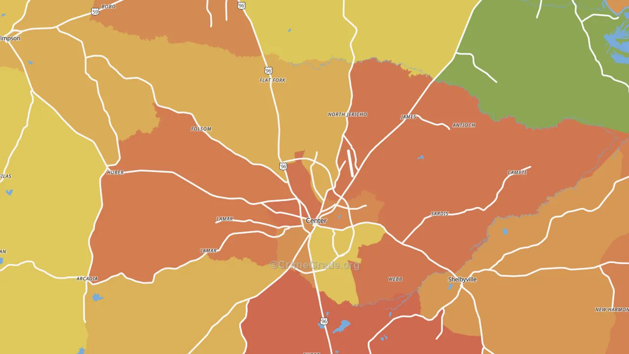 Shelby County, TX Map of Murder Rates
