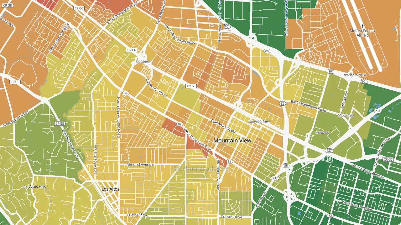 Shoreline West, Mountain View, CA Map of Murder Rates