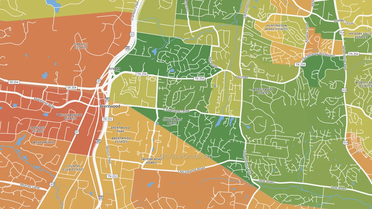 Southeast, Brentwood, TN Map of Murder Rates