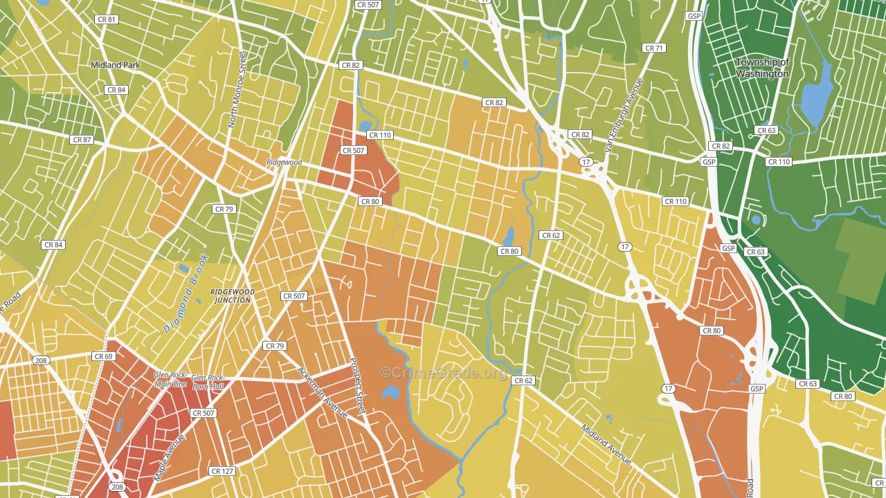 Southeast Ridgewood, Ridgewood, NJ Map of Murder Rates