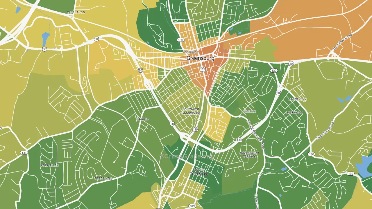 Southwest Greensburg, PA Map of Murder Rates