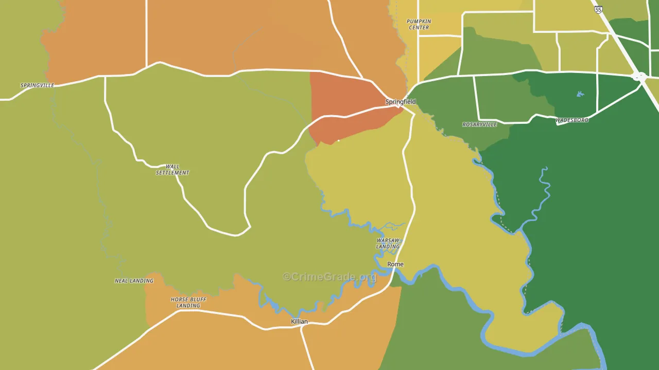 Springfield, LA Map of Murder Rates