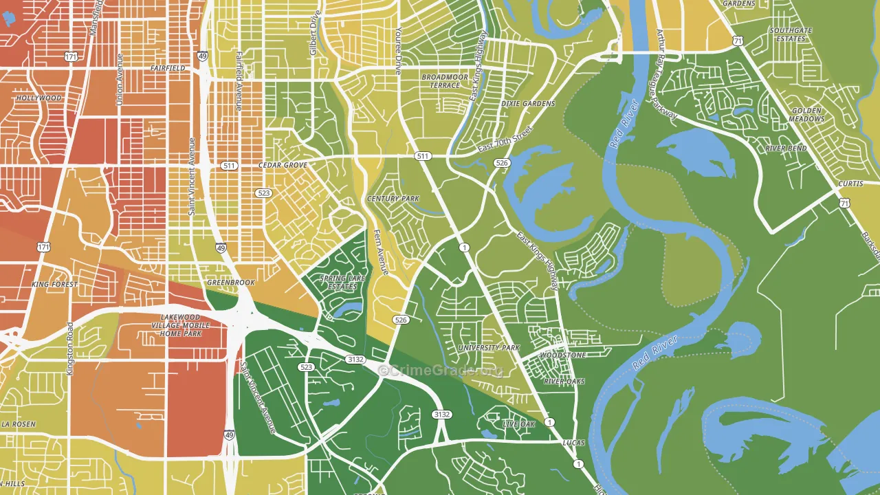 Springlake-University Terrace, Shreveport, LA Map of Murder Rates