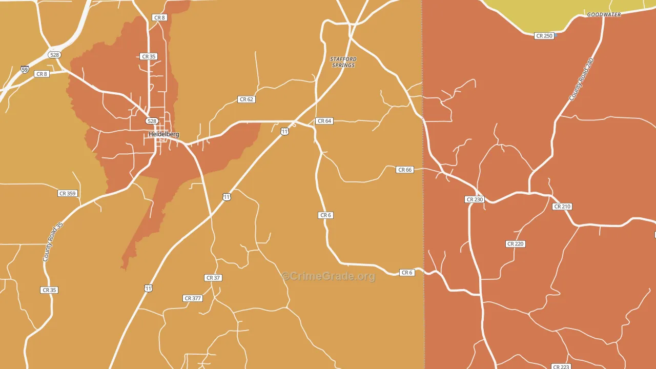 Stafford Springs, MS Map of Murder Rates