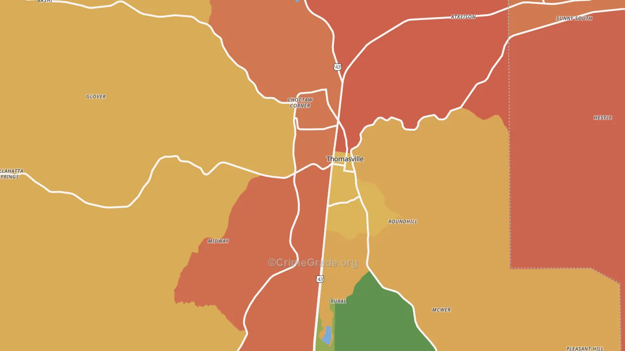 Thomasville, AL Map of Murder Rates