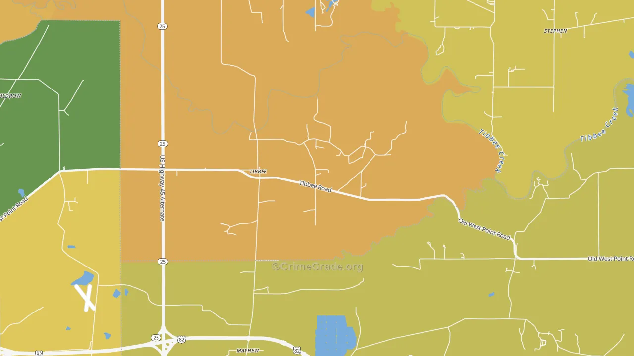 Tibbee, MS Map of Murder Rates