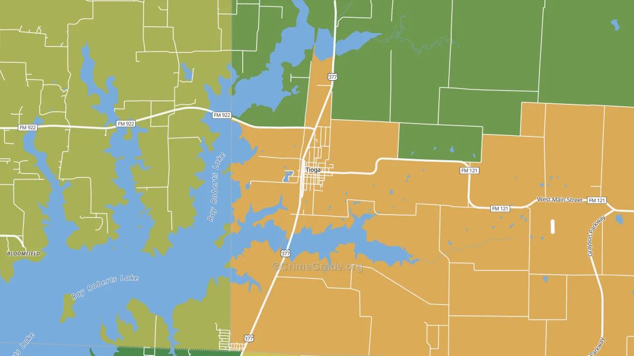 Tioga, TX Map of Murder Rates