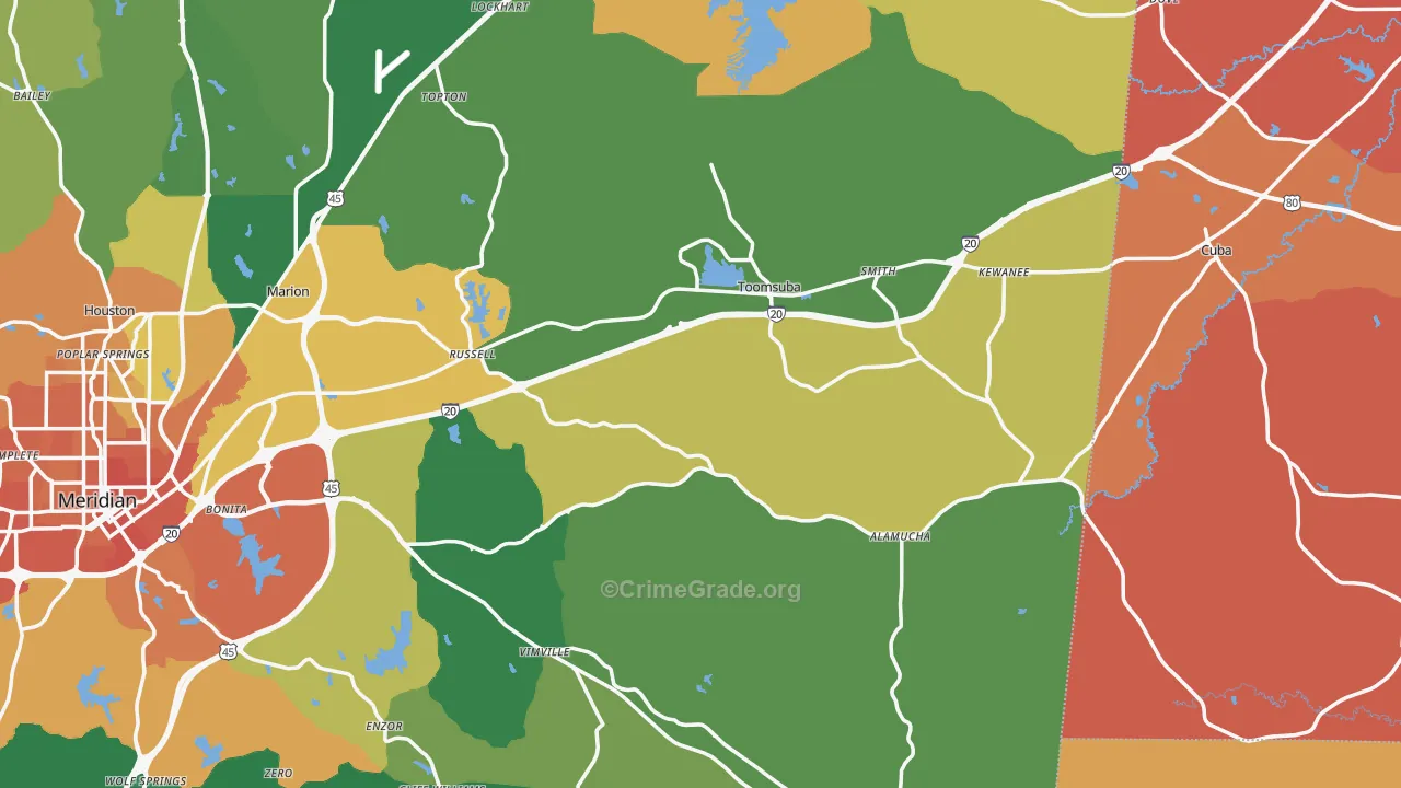 Toomsuba, MS Map of Murder Rates