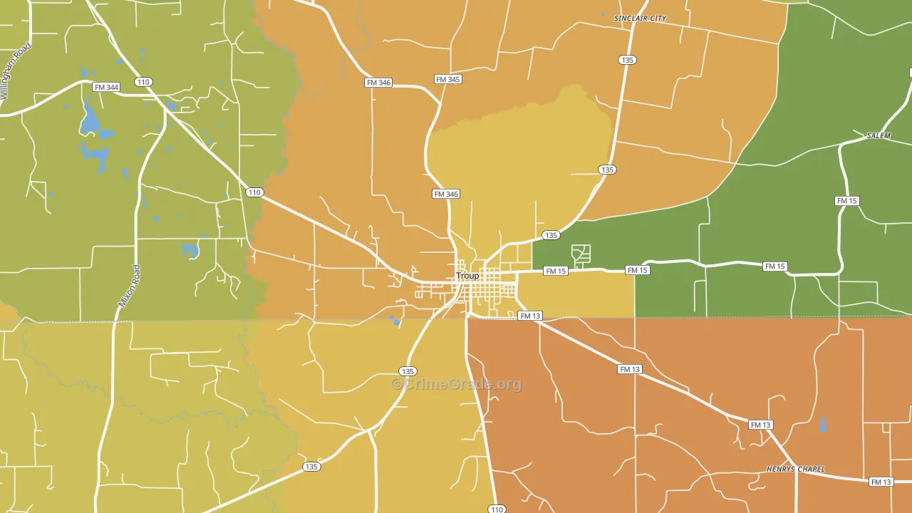 Troup, TX Map of Murder Rates