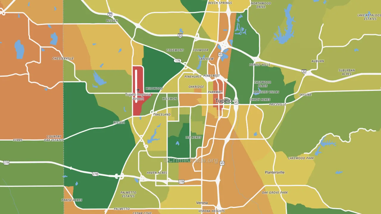 Tupelo, MS Map of Murder Rates