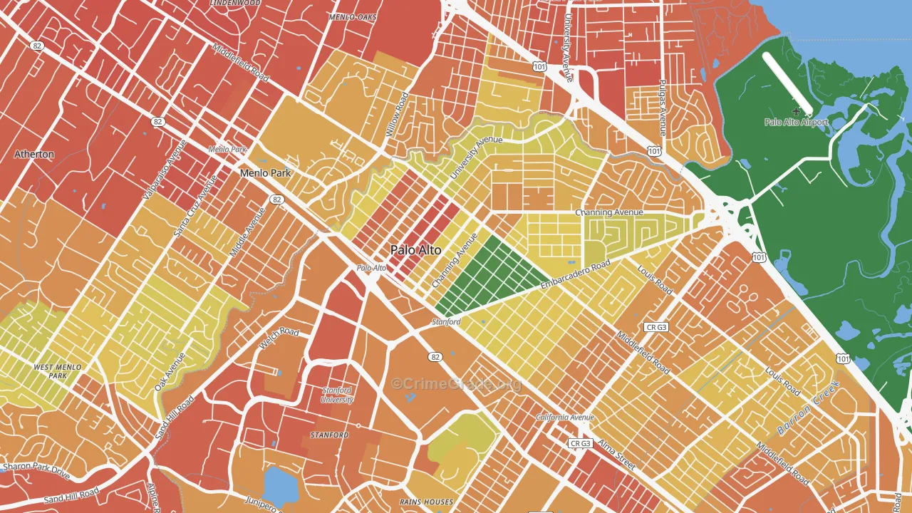 University South, Palo Alto, CA Map of Murder Rates