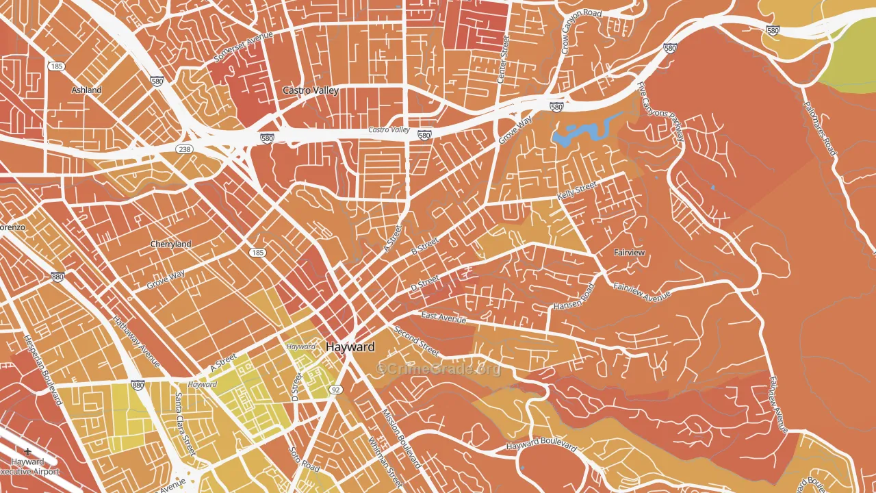 Upper B Street, Hayward, CA Map of Murder Rates