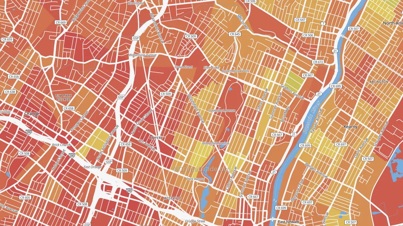 Upper Roseville, Newark, NJ Map of Murder Rates
