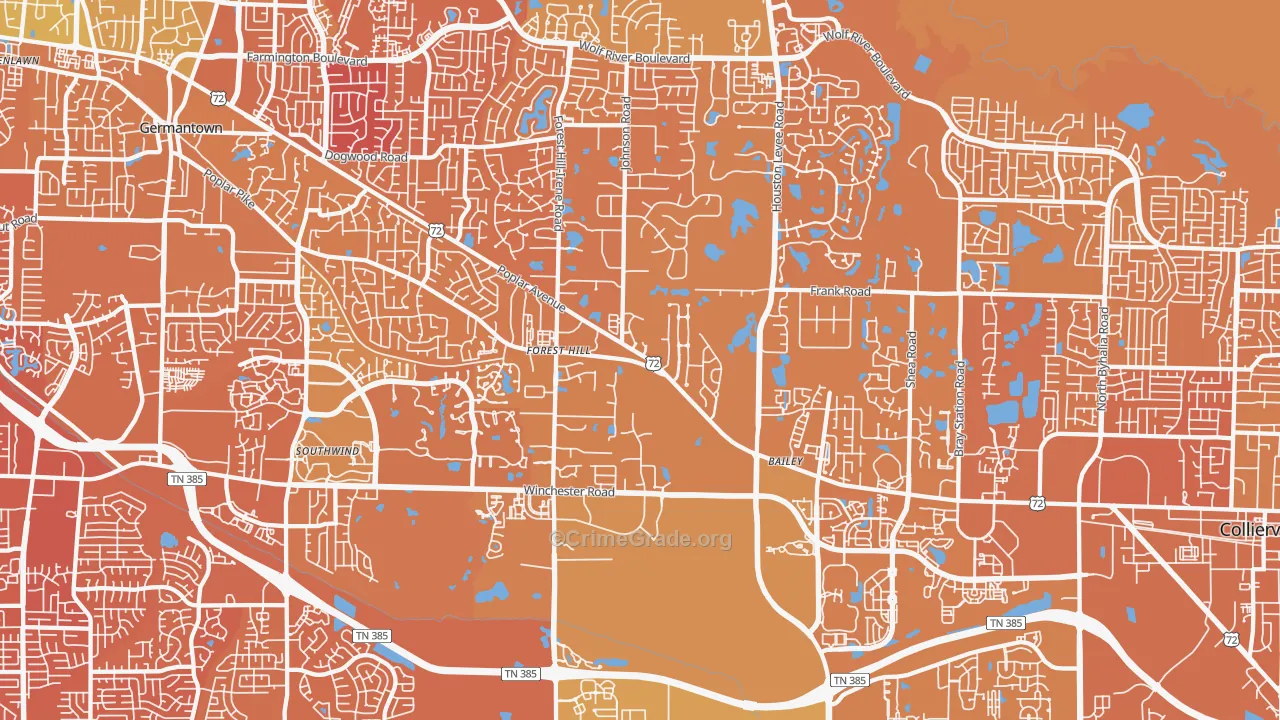 Walnut Grove - Shelby Farms PD, Germantown, TN Map of Murder Rates