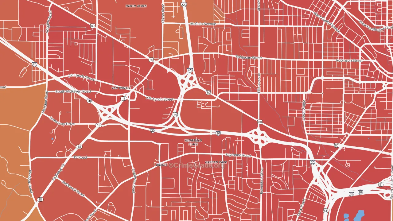 West Central Jackson, Jackson, MS Map of Murder Rates