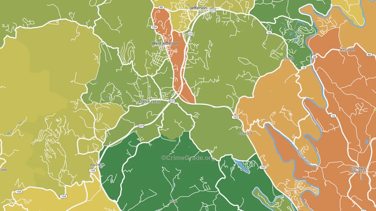West Jefferson, NC Map of Murder Rates