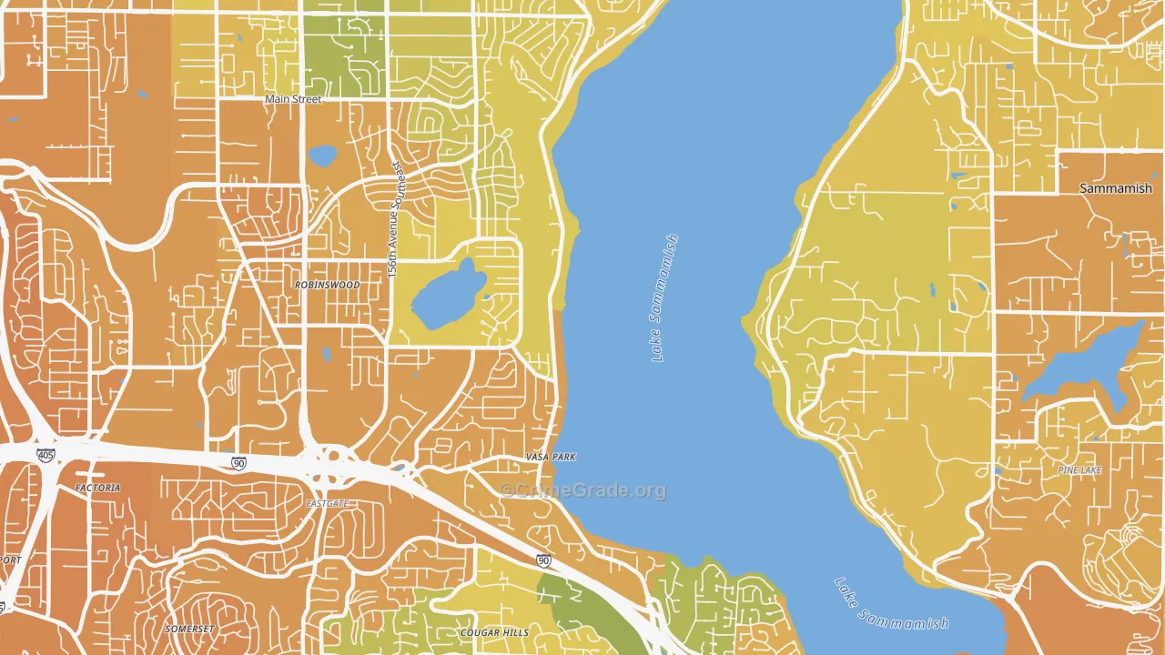 West Lake Sammamish, Bellevue, WA Map of Murder Rates