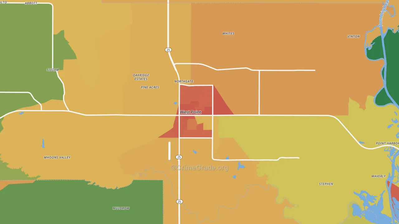 West Point, MS Map of Murder Rates