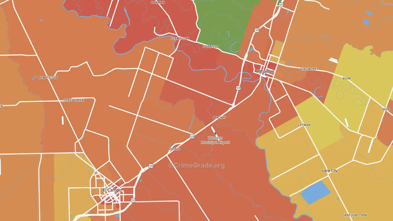 Wharton County, TX Map of Murder Rates