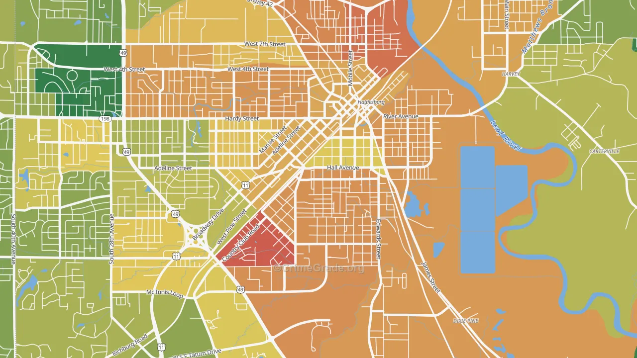 Woodlawn Court, Hattiesburg, MS Map of Murder Rates
