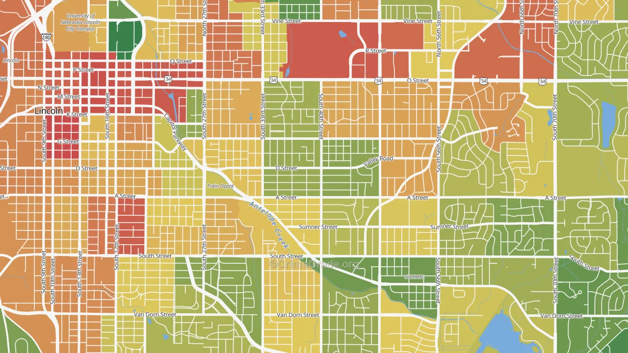40th and A, Lincoln, NE Map of Robbery Rates