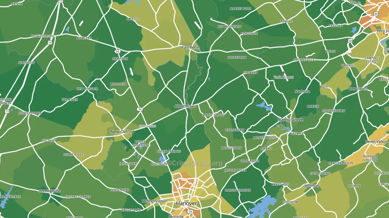 Abbottstown, PA Map of Robbery Rates