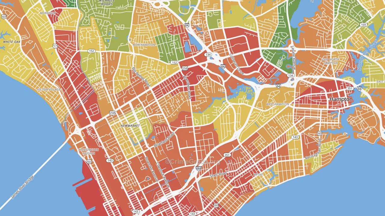 Aberdeen, Hampton, VA Map of Robbery Rates