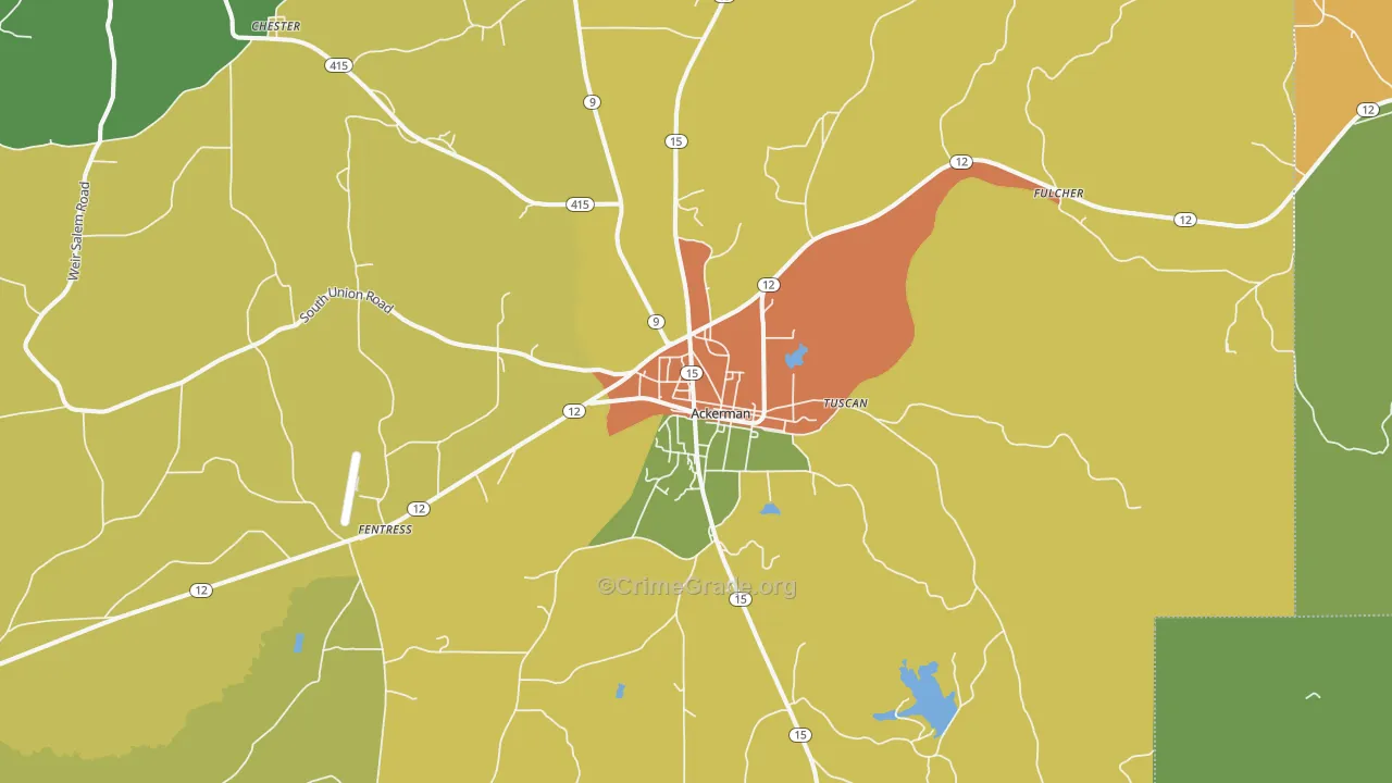 Ackerman, MS Map of Robbery Rates