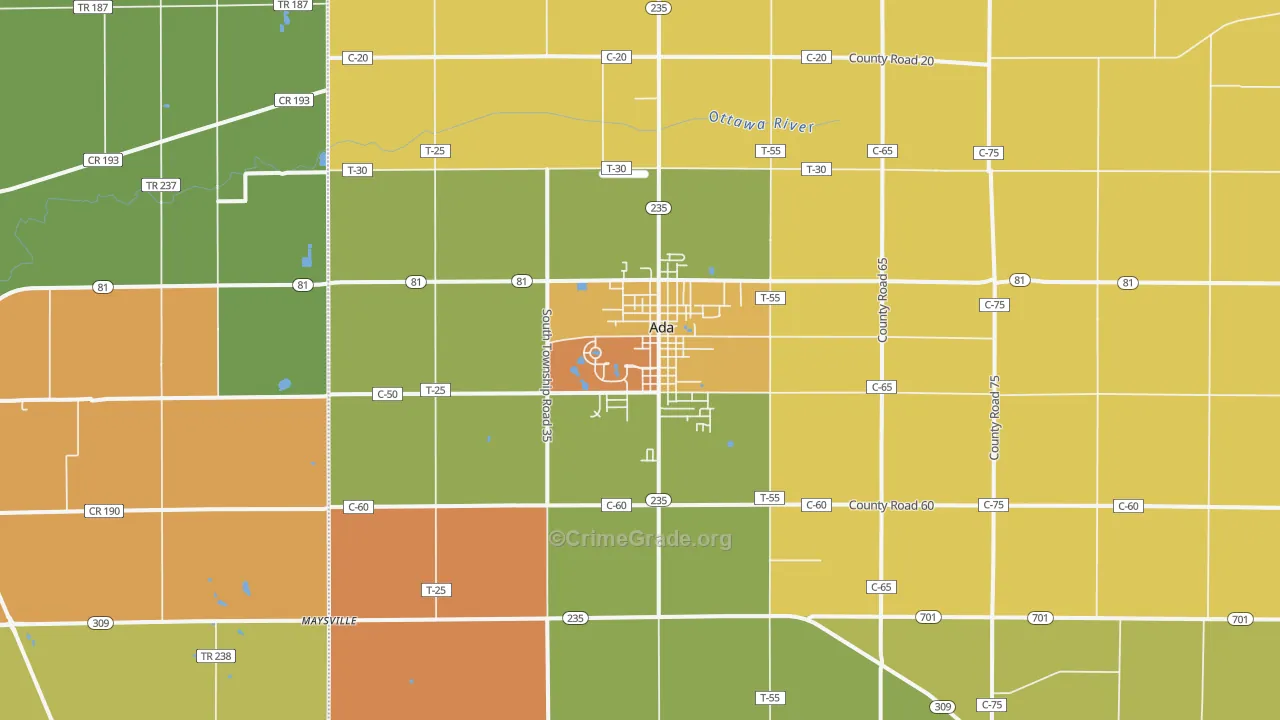 Ada, OH Map of Robbery Rates