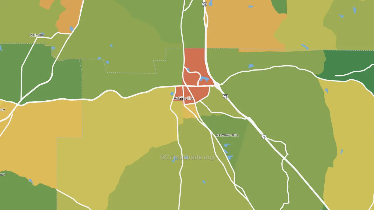 Adairsville, GA Map of Robbery Rates