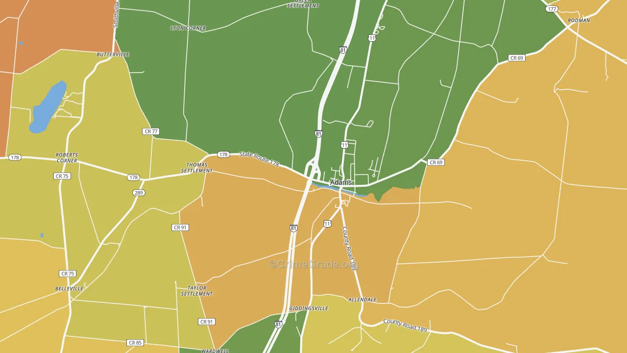 Adams, NY Map of Robbery Rates
